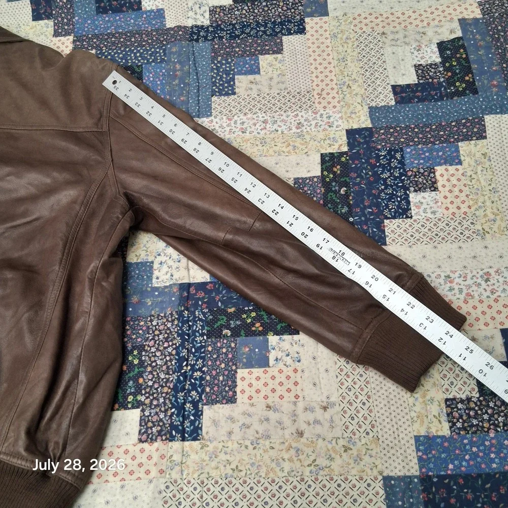 Tasso Elba Mens XL Brown Leather Bomber Jacket Full Zip Ribbed Waist Y2K Lined
